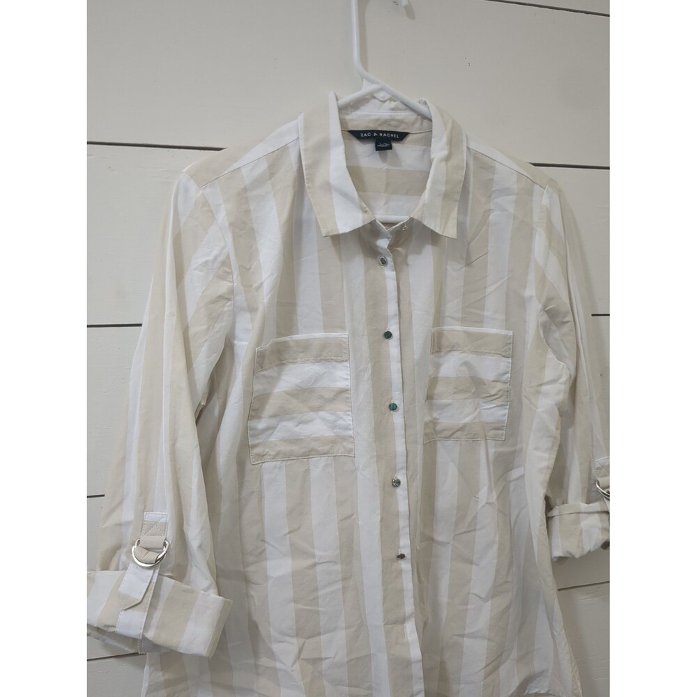 Zac & Rachel 100% cotton beige white striped button down top buckle L coastal